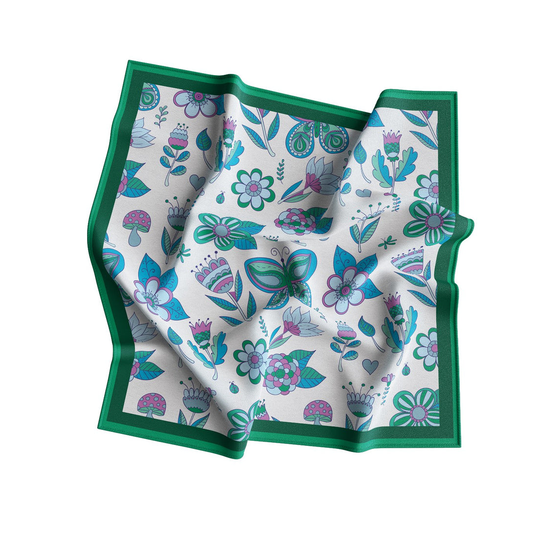 Emerald Folk Garden Silk Bandana Scarf – 50 × 50 cm