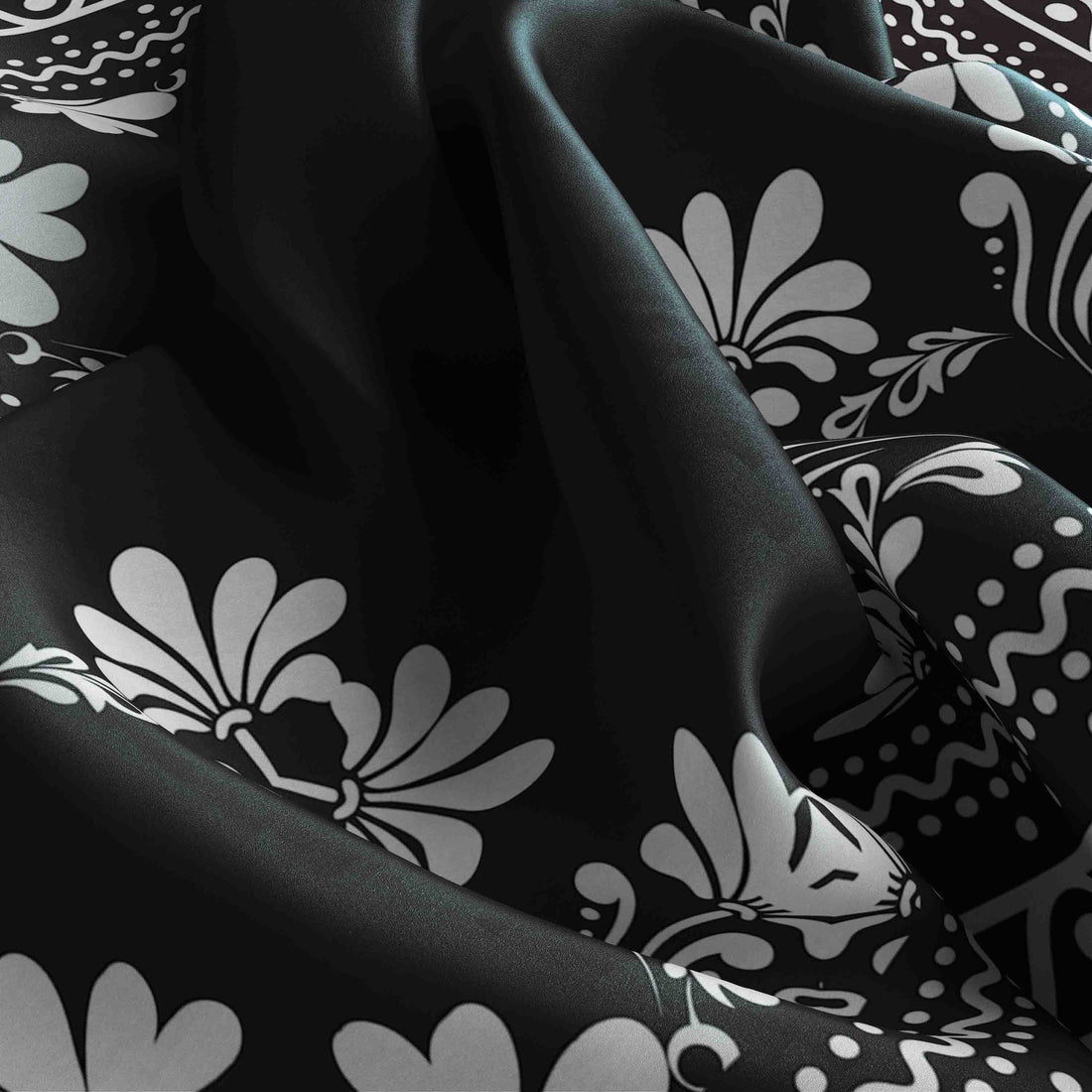 Noir Lotus Border Silk Bandana Scarf – 50 × 50 cm