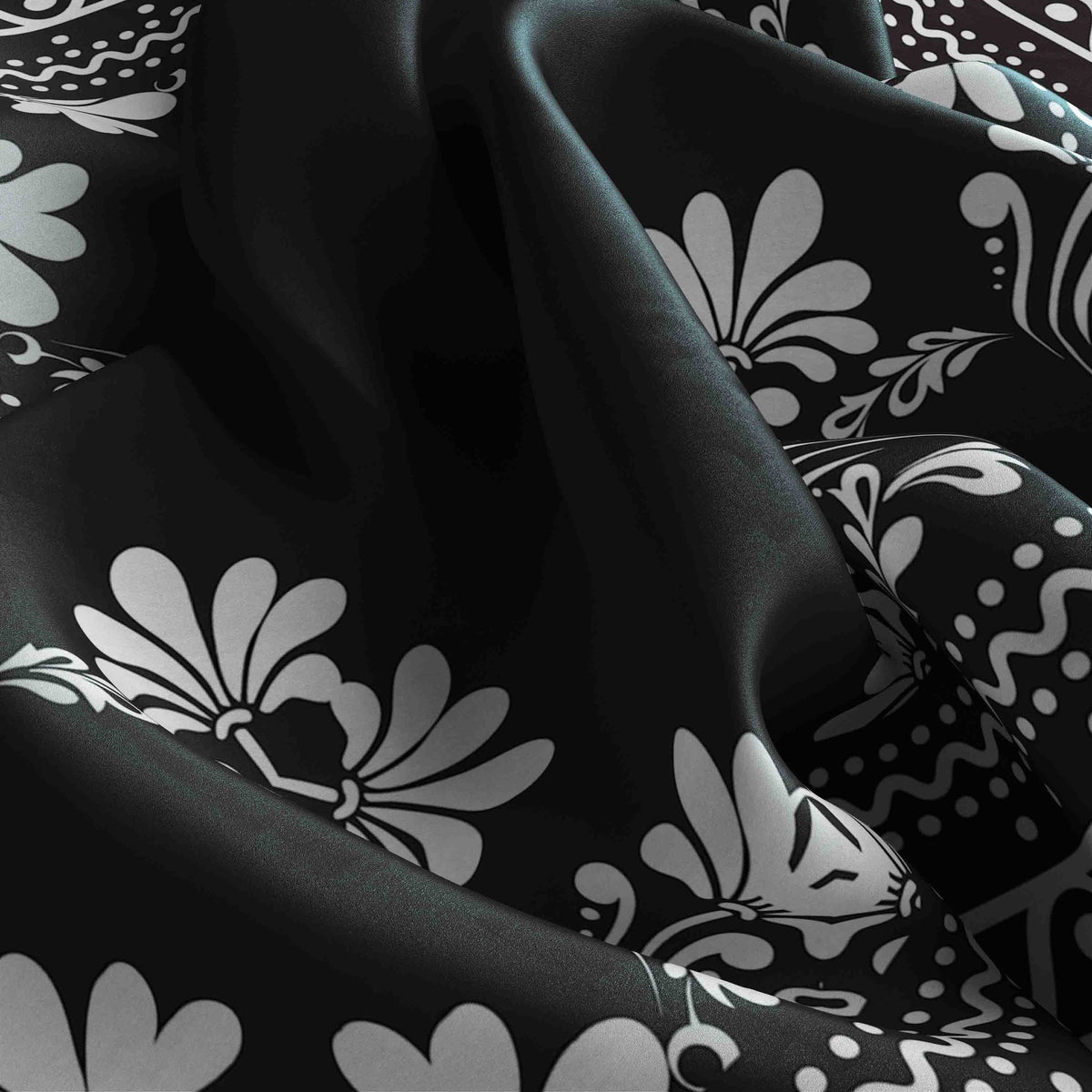 Noir Lotus Border Silk Bandana Scarf – 50 × 50 cm