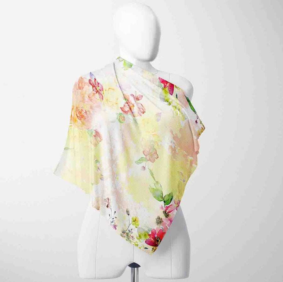 Sunlit Watercolour Garden Silk Shawl Wrap – 100 × 100 cm