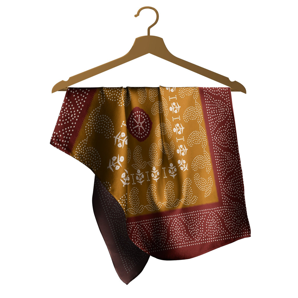 Mustard Maroon Block Print Silk Square Scarf – 65 × 65 cm