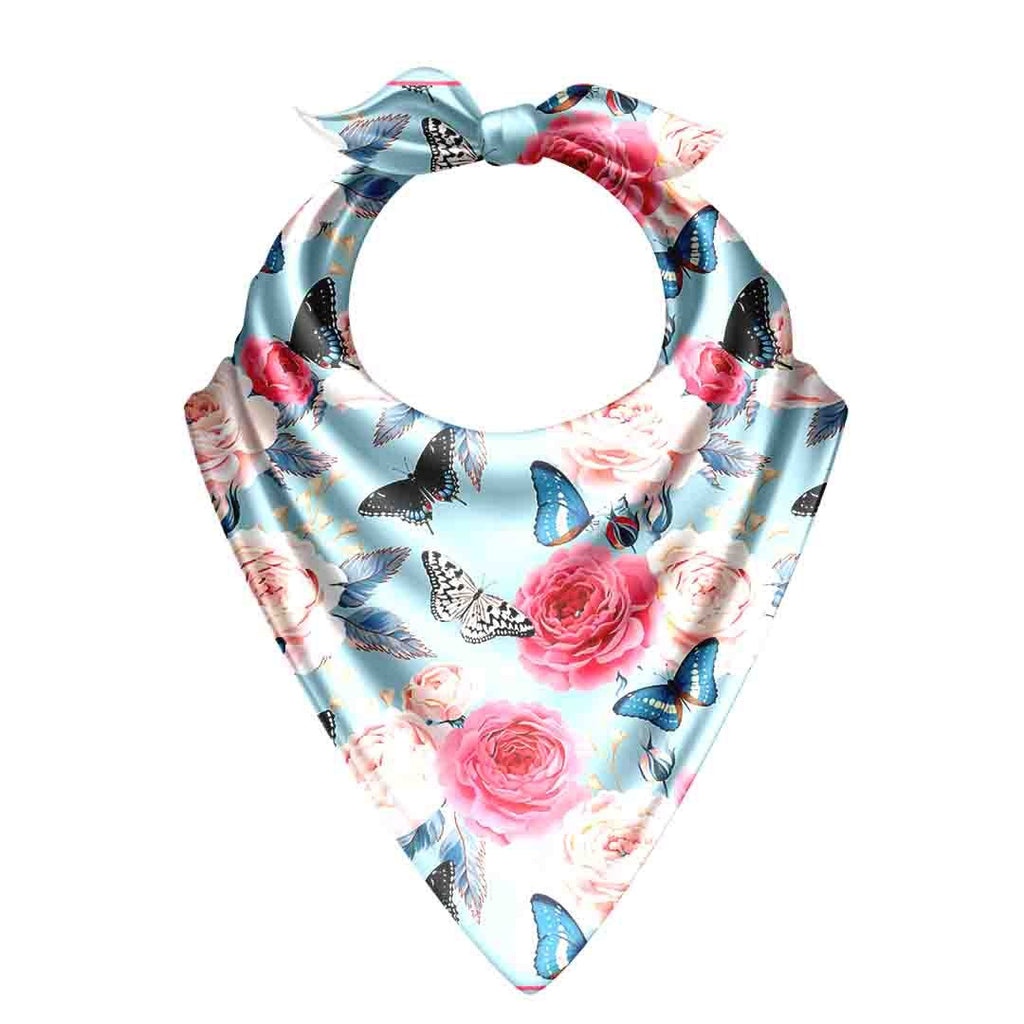 Rose & Butterfly Sky Silk Bandana Scarf – 50 × 50 cm