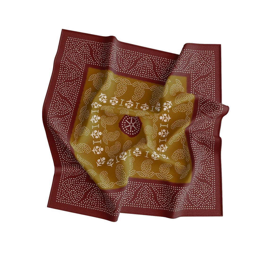 Mustard Maroon Block Print Silk Square Scarf – 65 × 65 cm