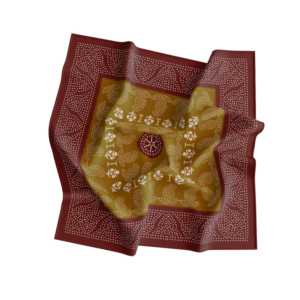 Mustard Maroon Block Print Silk Square Scarf – 65 × 65 cm