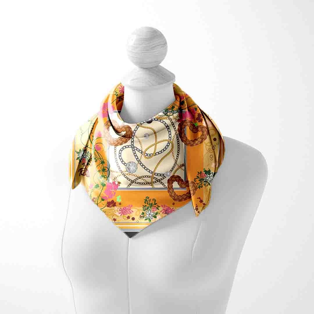 Saffron Chain & Bloom Silk Square Scarf – 65 × 65 cm