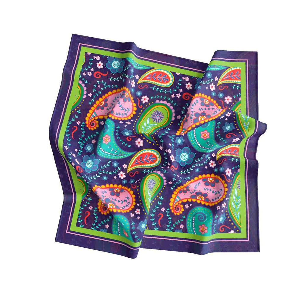Neon Paisley Party Silk Bandana Scarf – 50 × 50 cm