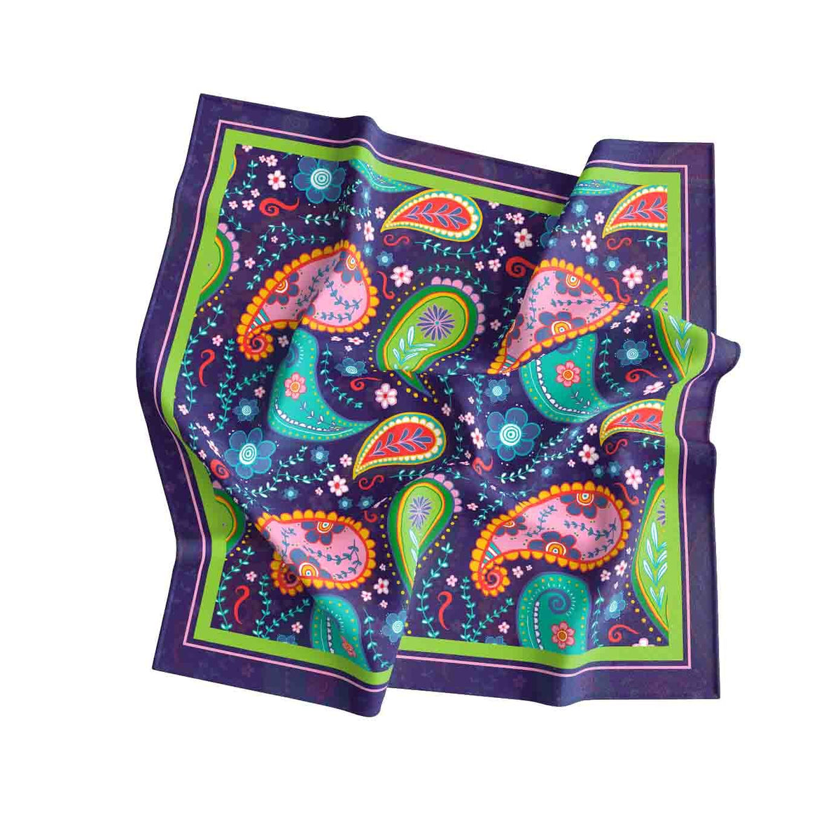 Neon Paisley Party Silk Bandana Scarf – 50 × 50 cm