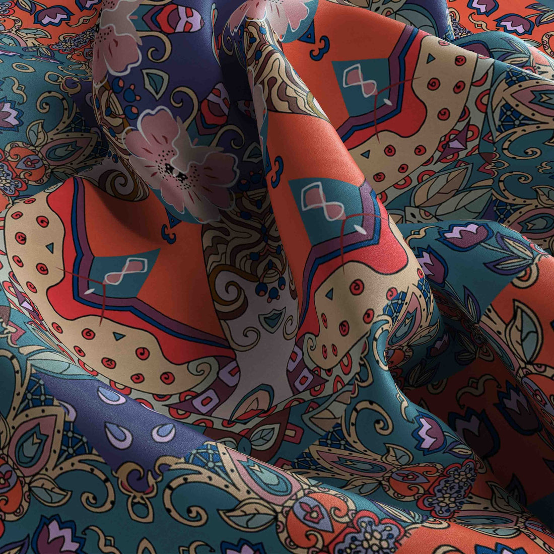Persian Tile Coral Silk Bandana Scarf – 50 × 50 cm