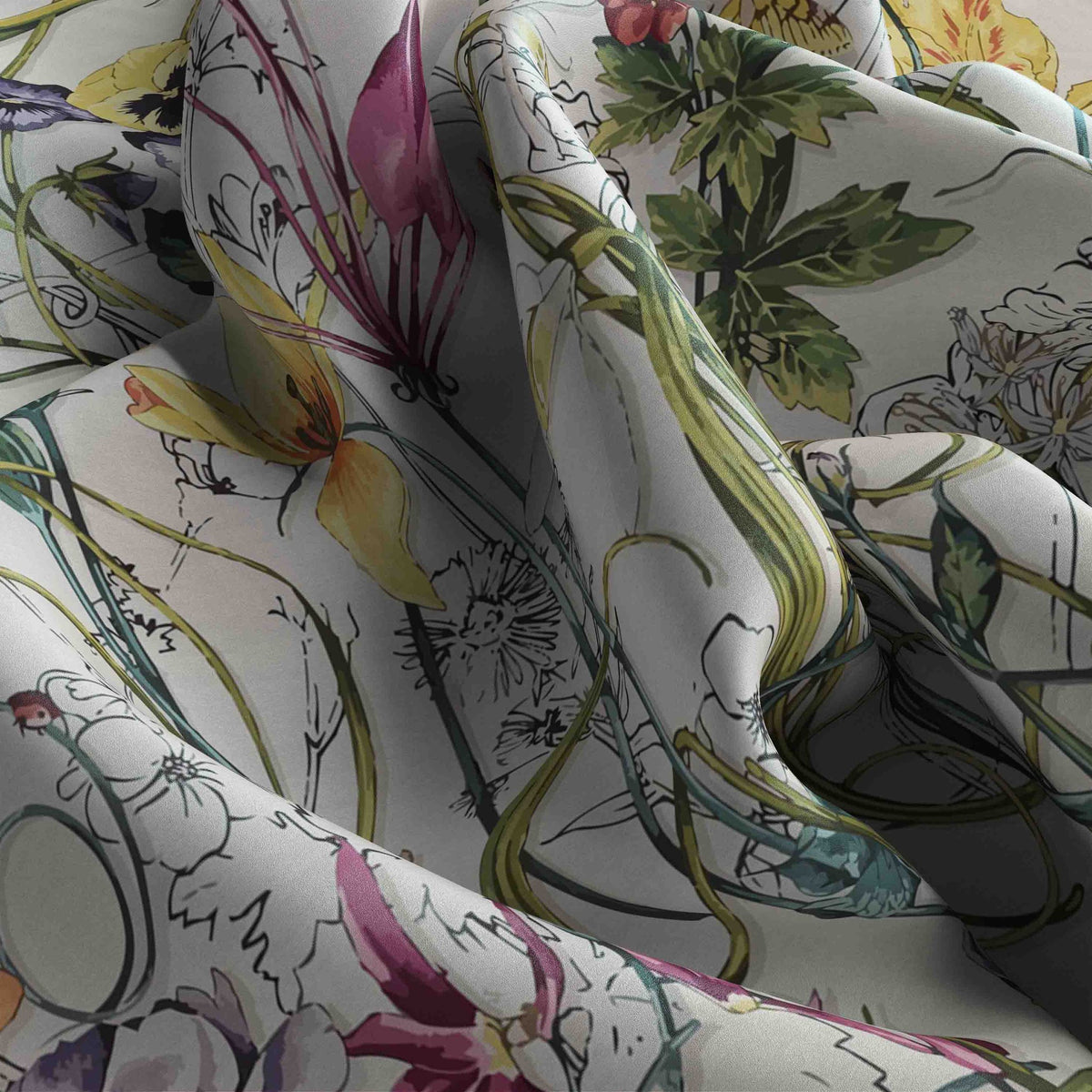 Ivory Botanical Sketch Silk Square Scarf – 65 × 65 cm