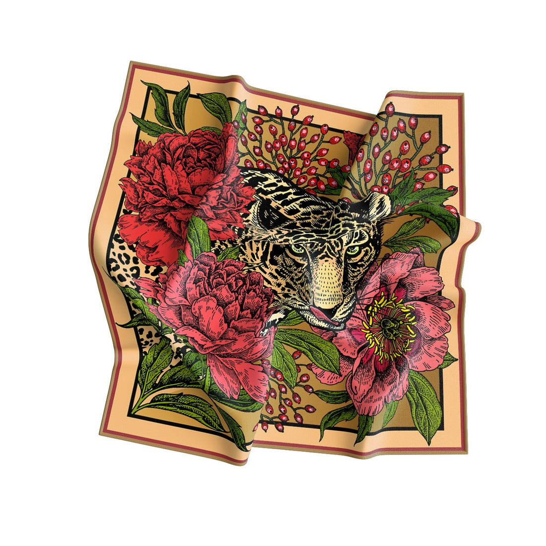 Leopard & Peony Silk Bandana Scarf – 50 × 50 cm