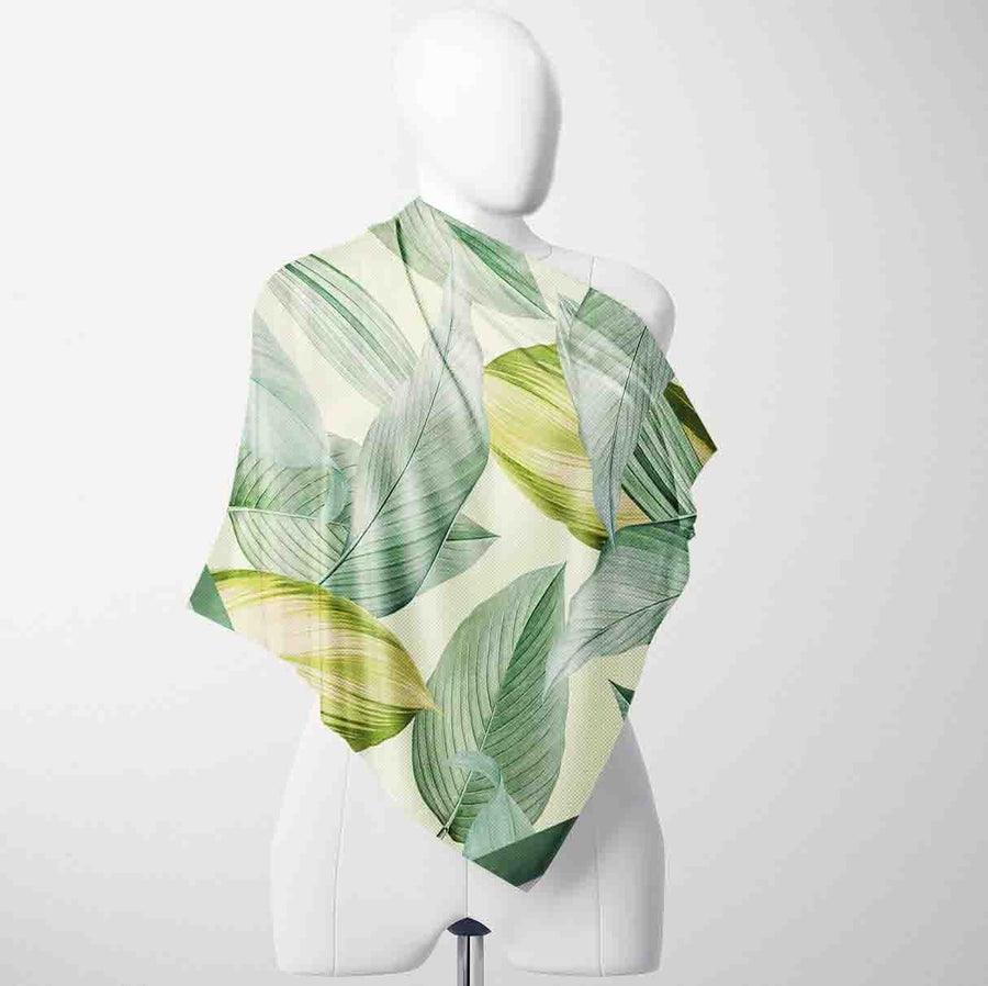 Tropical Leaf Mint Silk Shawl Wrap – 100 × 100 cm