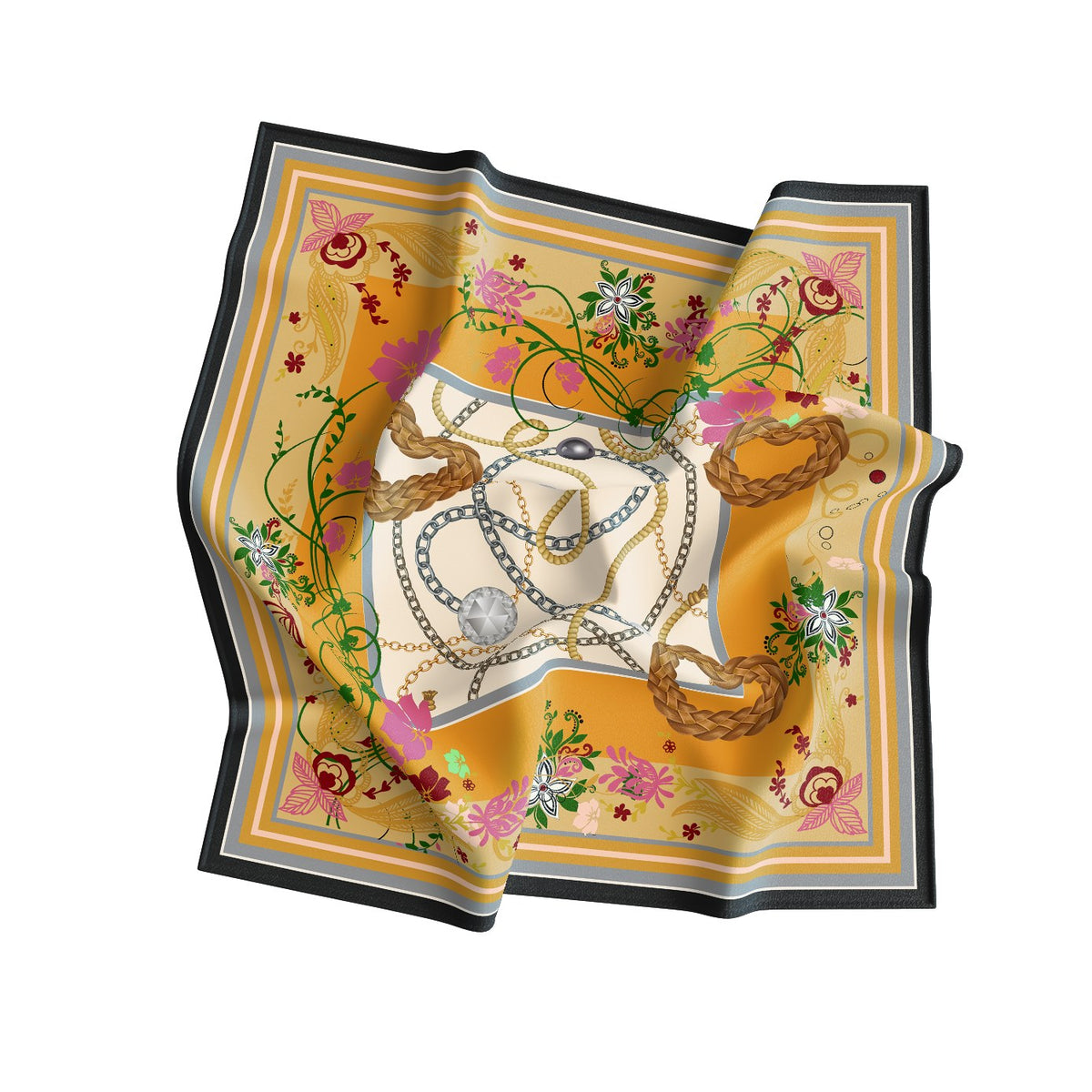 Saffron Chain & Bloom Silk Square Scarf – 65 × 65 cm