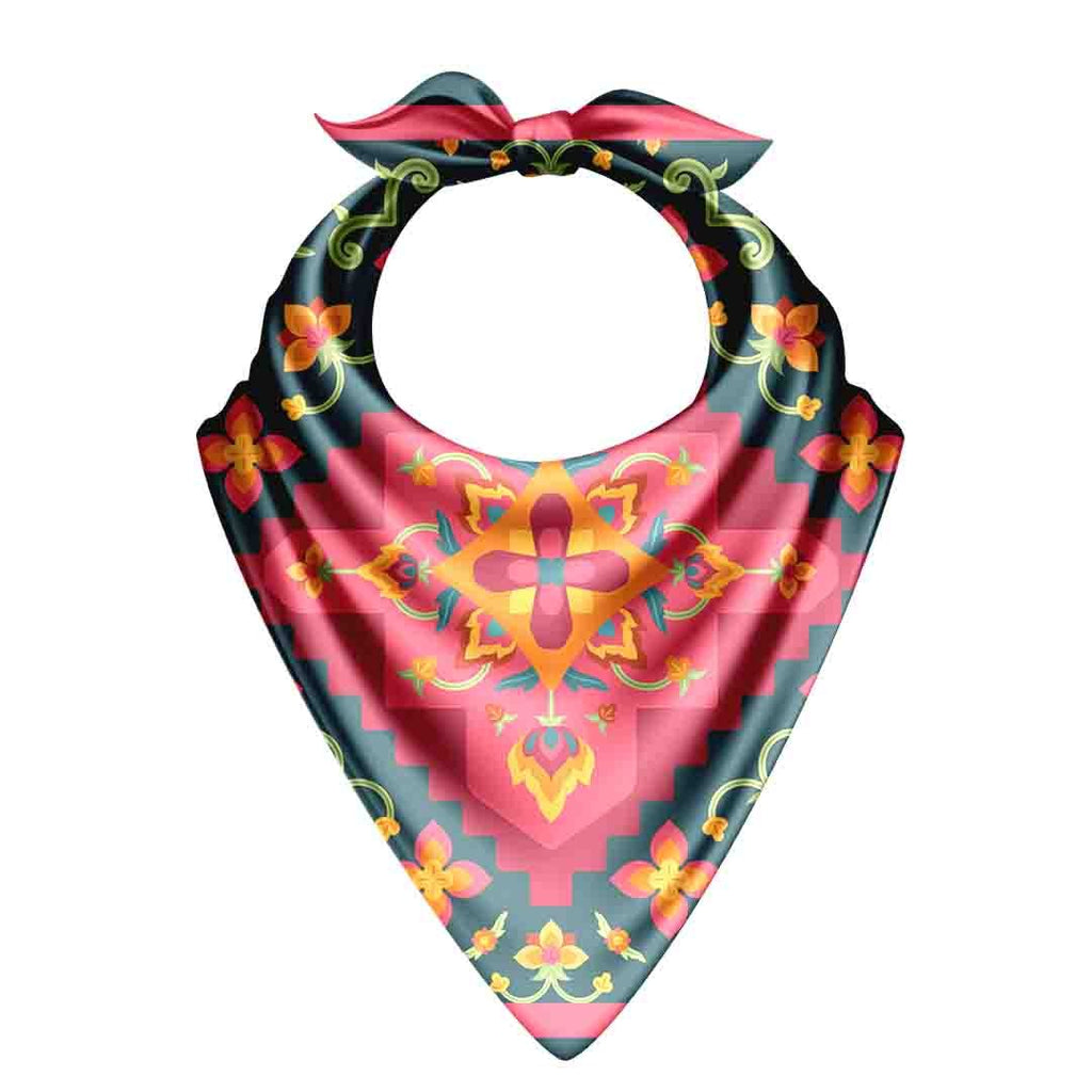 Teal Rose Kilim Silk Bandana Scarf – 50 × 50 cm