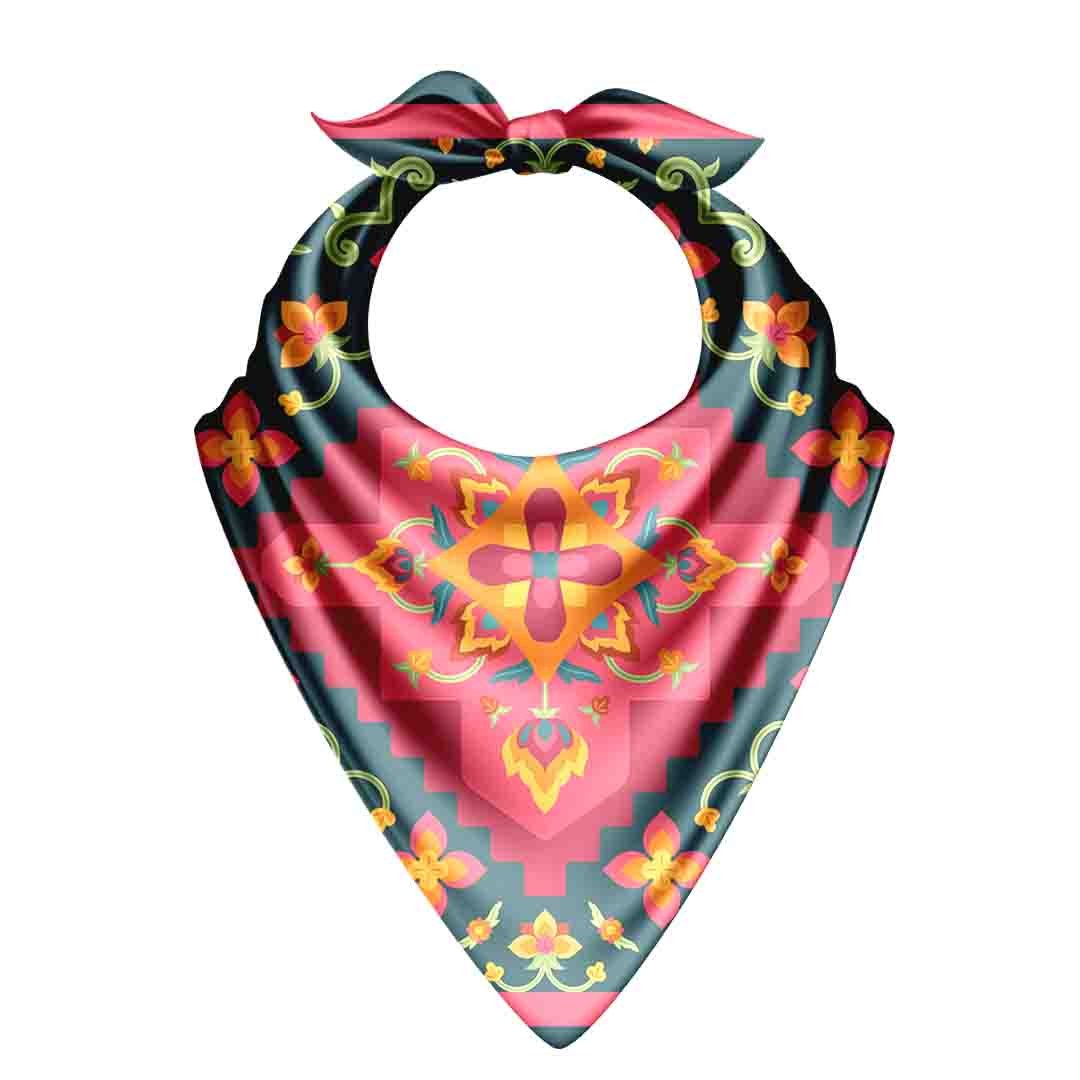 Teal Rose Kilim Silk Bandana Scarf – 50 × 50 cm