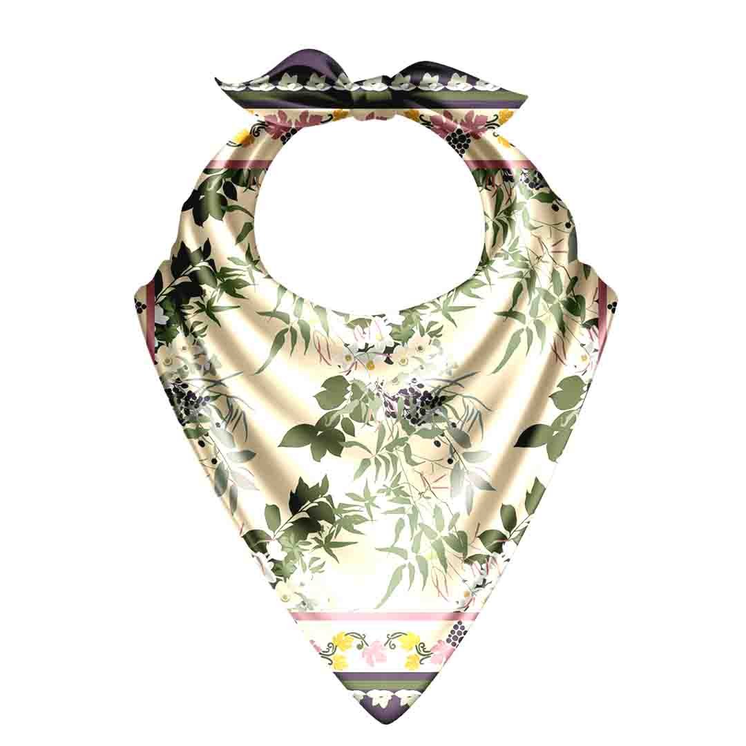 Jasmine Vine Plum Border Silk Bandana Scarf – 50 × 50 cm
