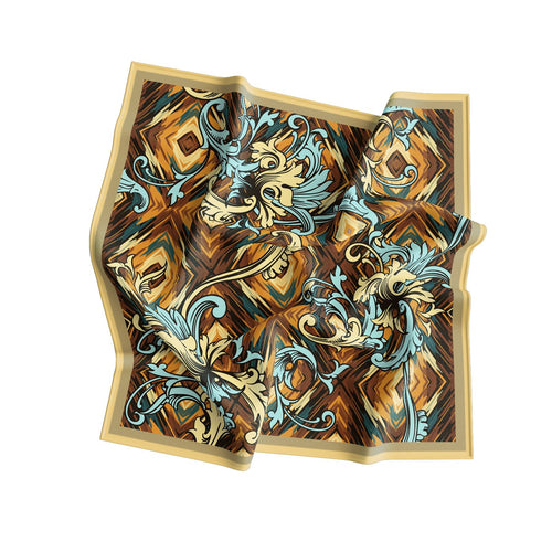 Baroque Swirl Bronze Silk Bandana Scarf – 50 × 50 cm