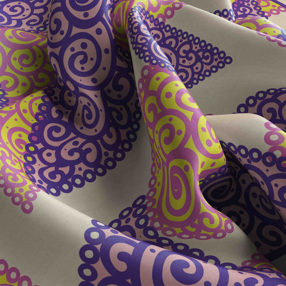 Lilac Paisley Swirl Silk Bandana Scarf – 50 × 50 cm