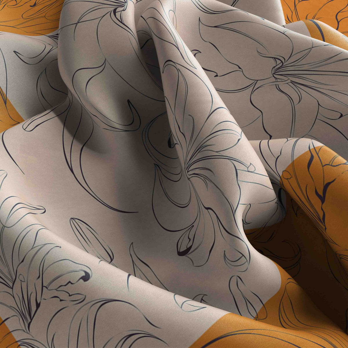 Saffron Line Floral Silk Bandana Scarf – 50 × 50 cm