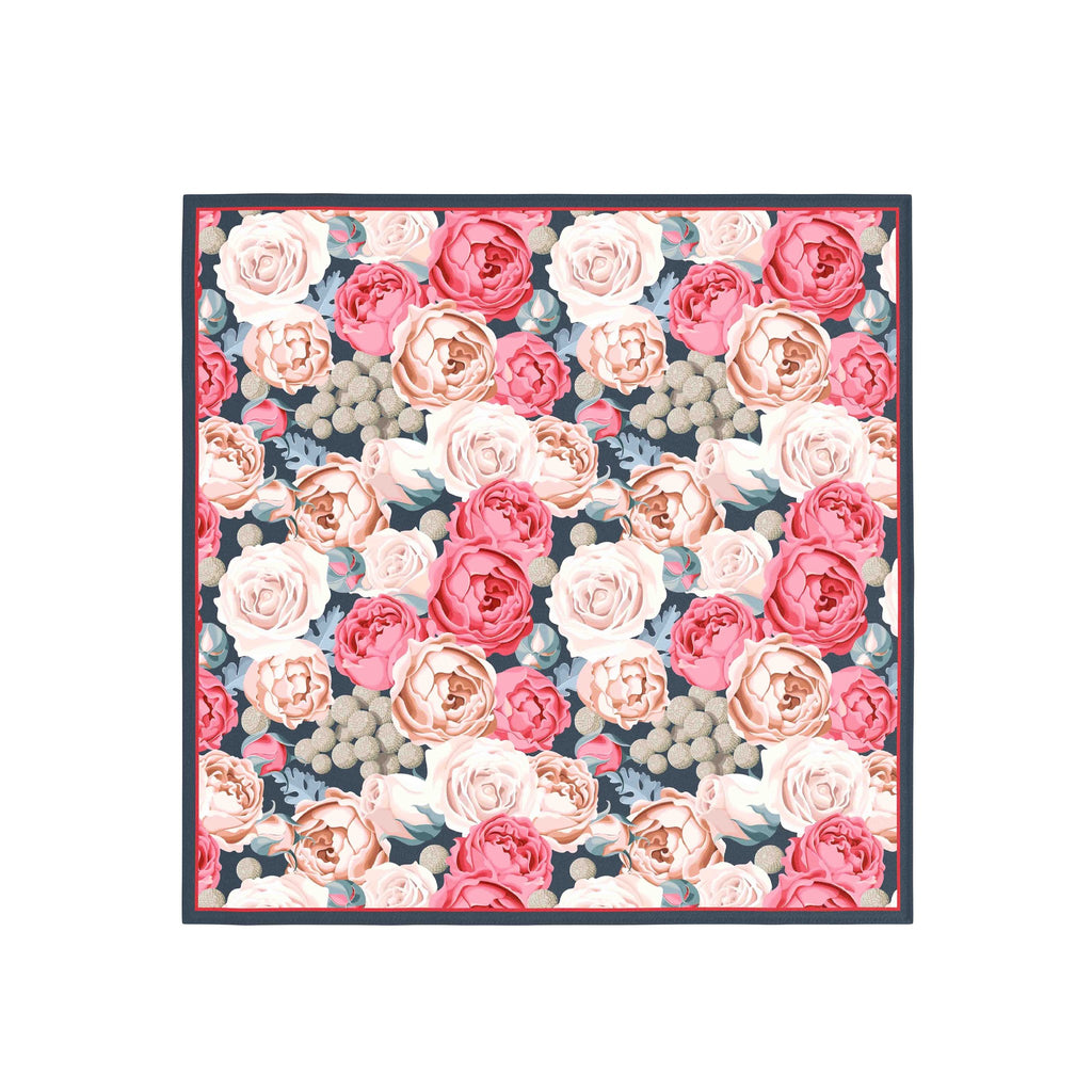 Rose Bouquet Navy Silk Bandana Scarf – 50 × 50 cm
