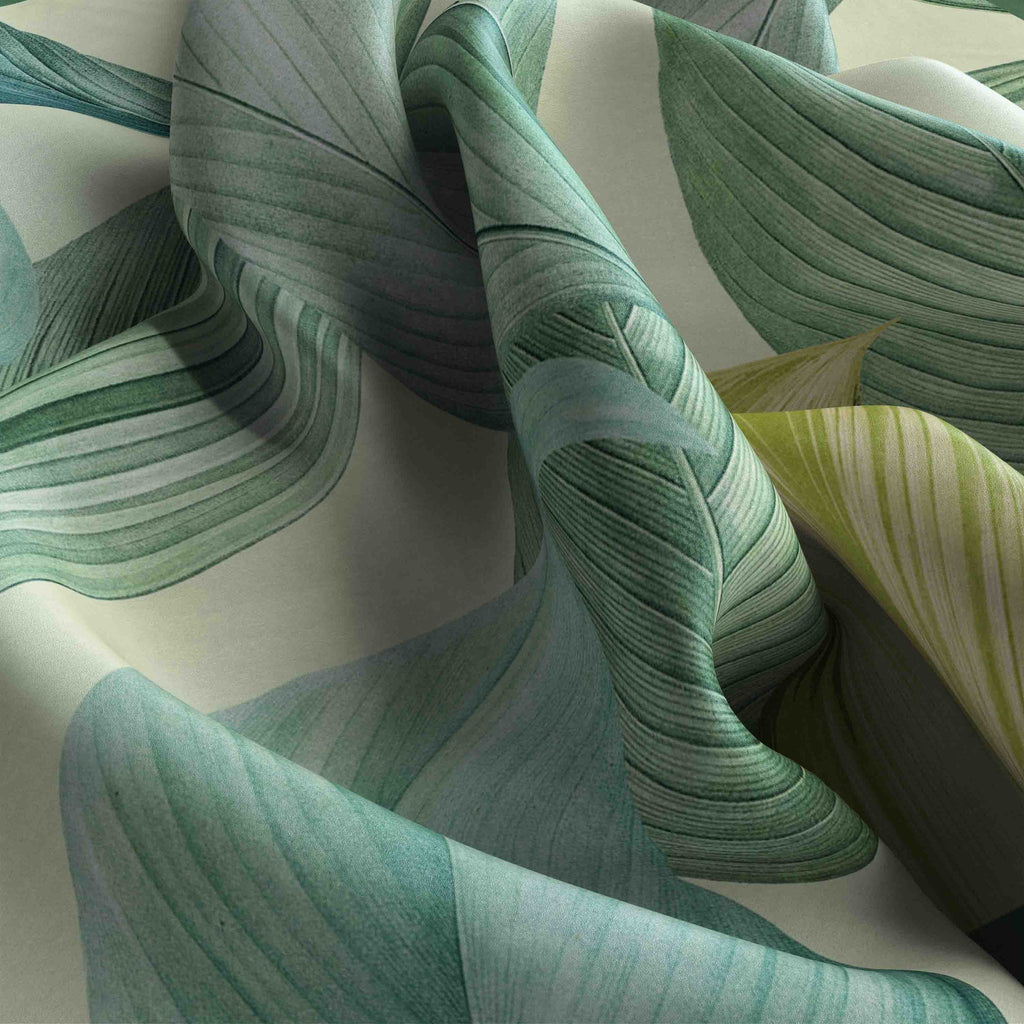 Tropical Leaf Mint Silk Shawl Wrap – 100 × 100 cm