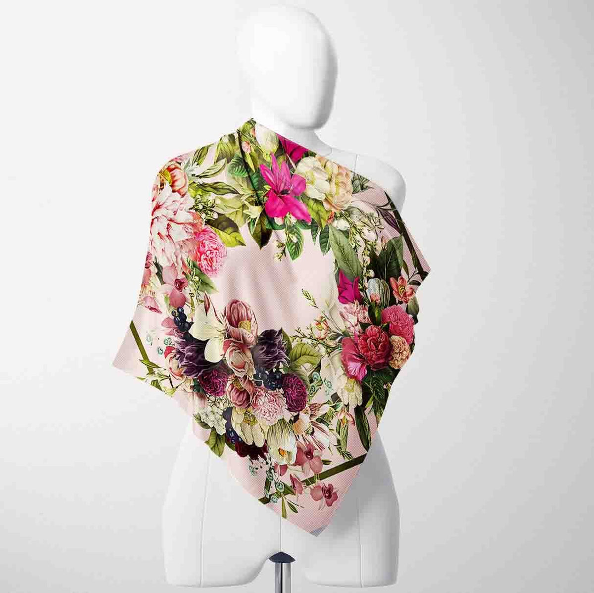 Rose Wreath Blush Silk Shawl Wrap – 100 × 100 cm