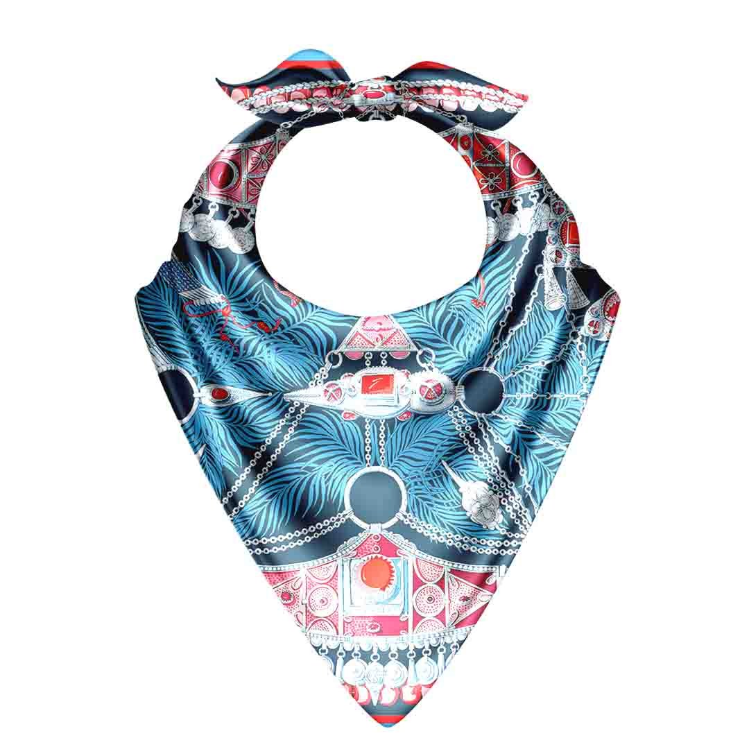 Sapphire Jewel Bow Silk Bandana Scarf – 50 × 50 cm