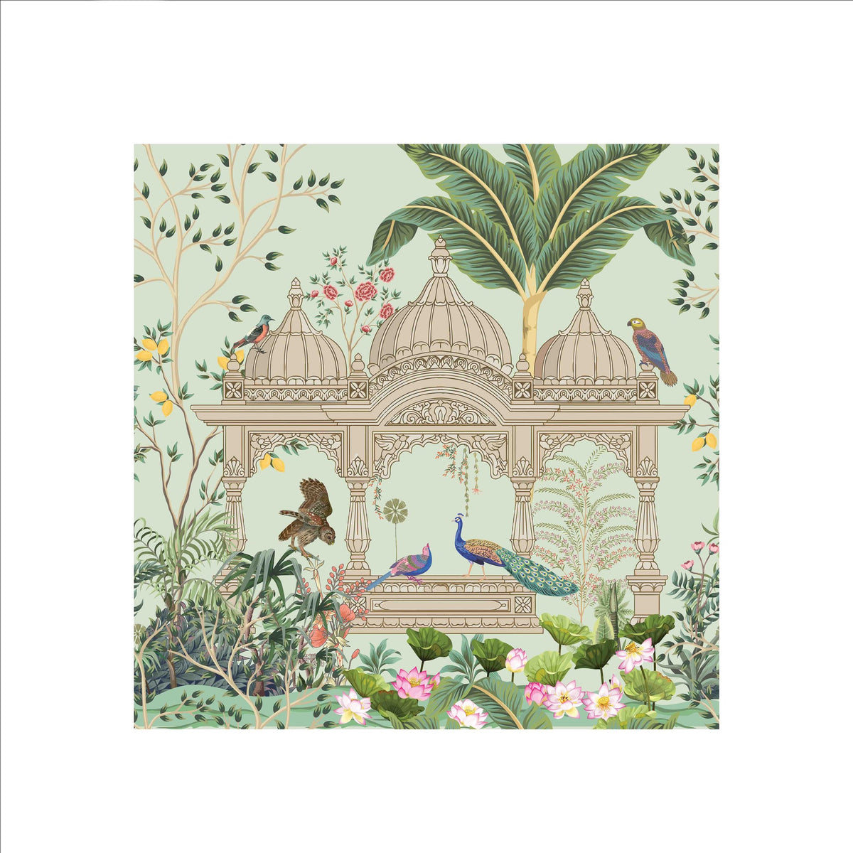 Palace Garden Peacock Silk Shawl – 100 × 100 cm
