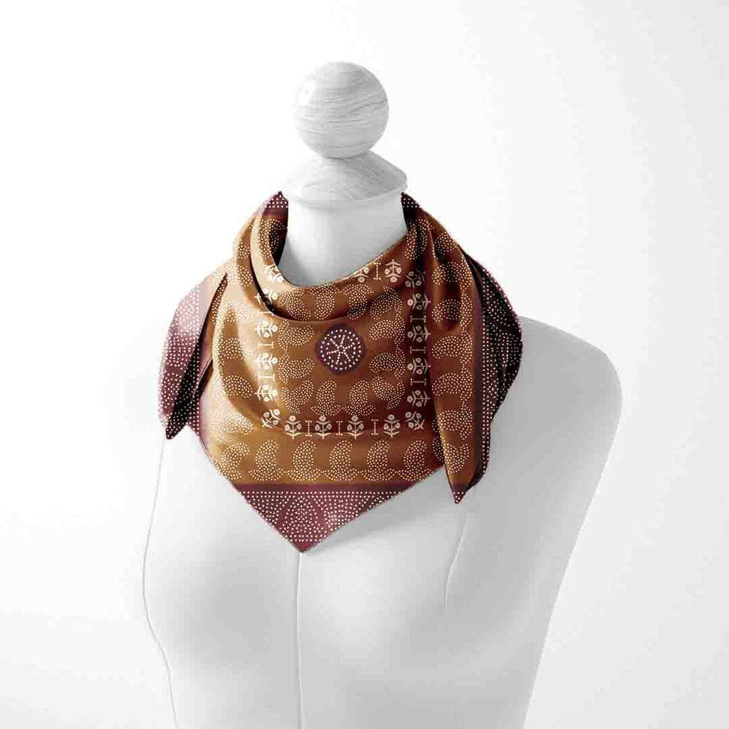 Mustard Maroon Block Print Silk Square Scarf – 65 × 65 cm