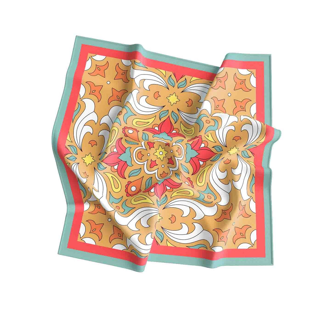 Saffron Tile Mosaic Silk Bandana Scarf – 50 × 50 cm