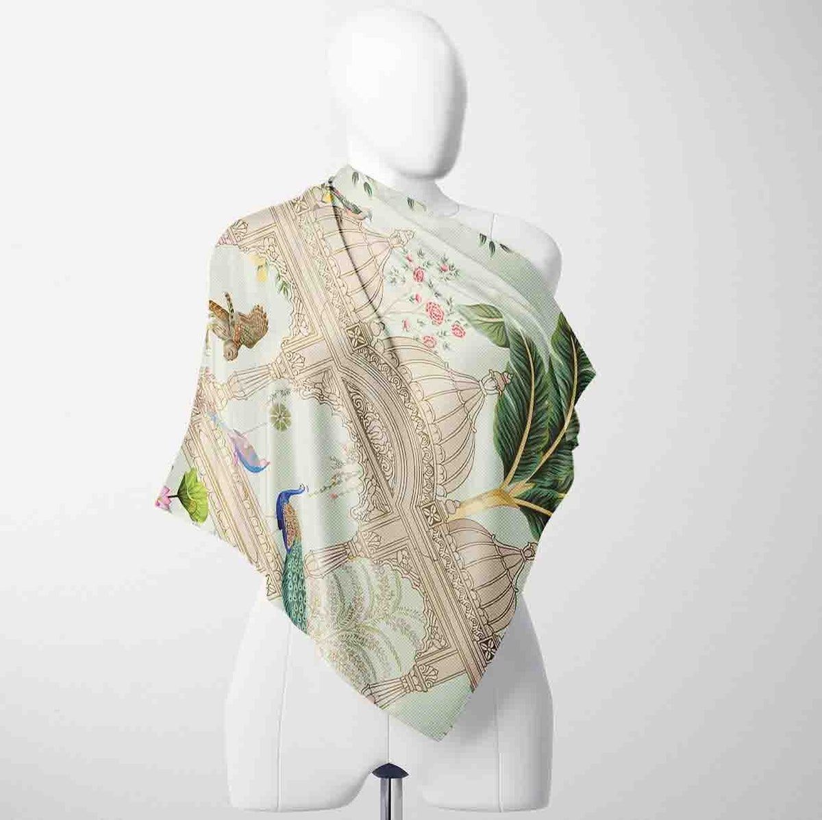 Palace Garden Peacock Silk Shawl – 100 × 100 cm