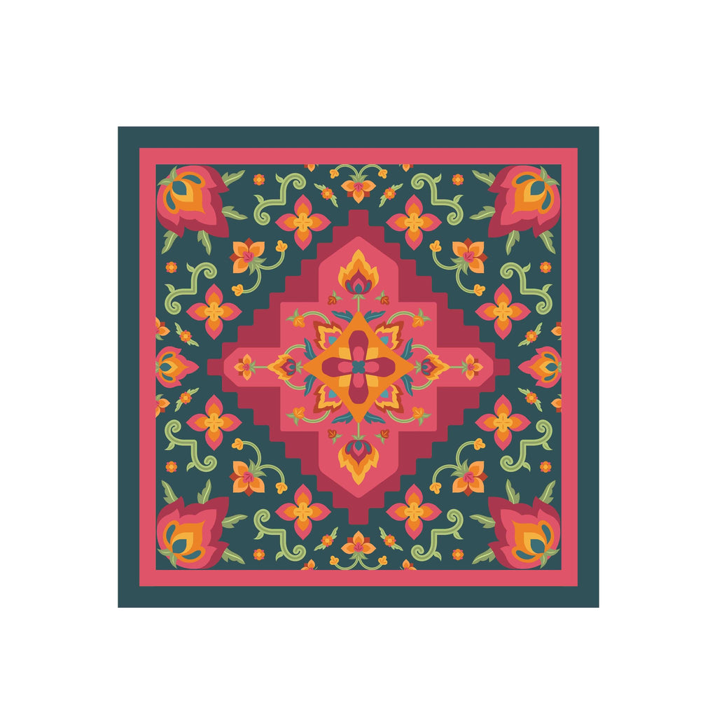 Teal Rose Kilim Silk Bandana Scarf – 50 × 50 cm