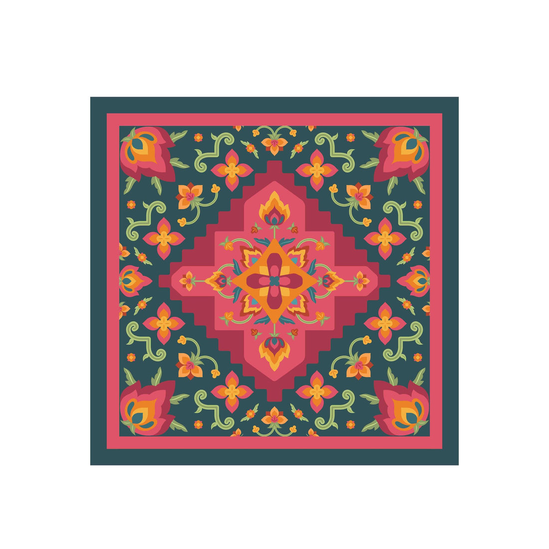 Teal Rose Kilim Silk Bandana Scarf – 50 × 50 cm