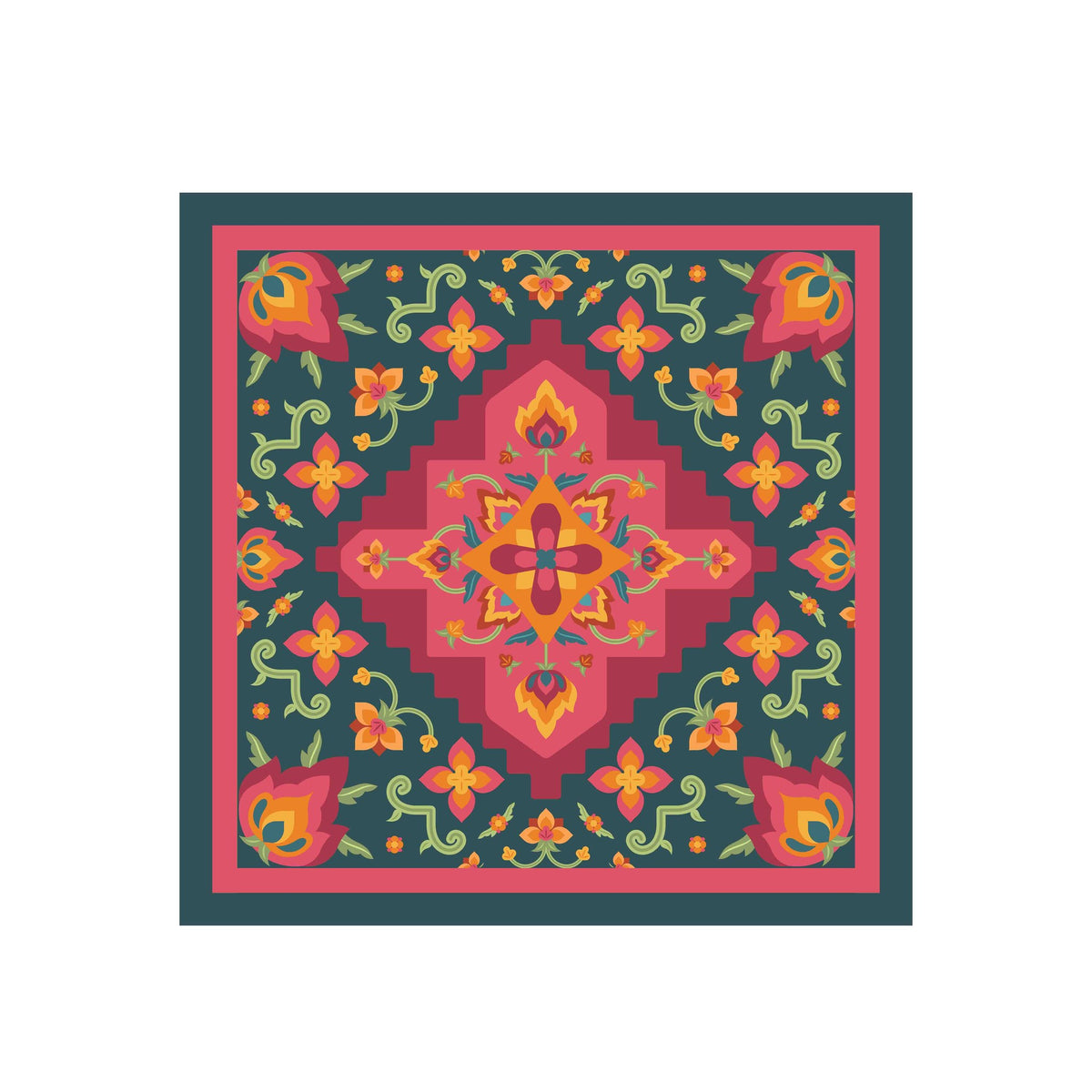 Teal Rose Kilim Silk Bandana Scarf – 50 × 50 cm
