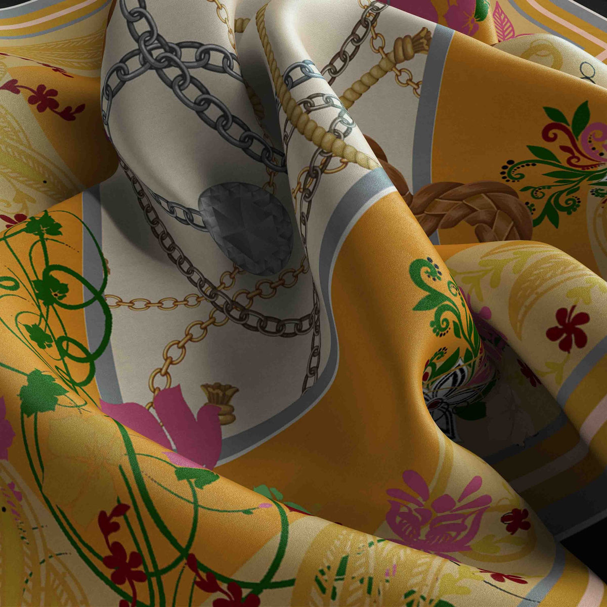 Saffron Chain & Bloom Silk Square Scarf – 65 × 65 cm
