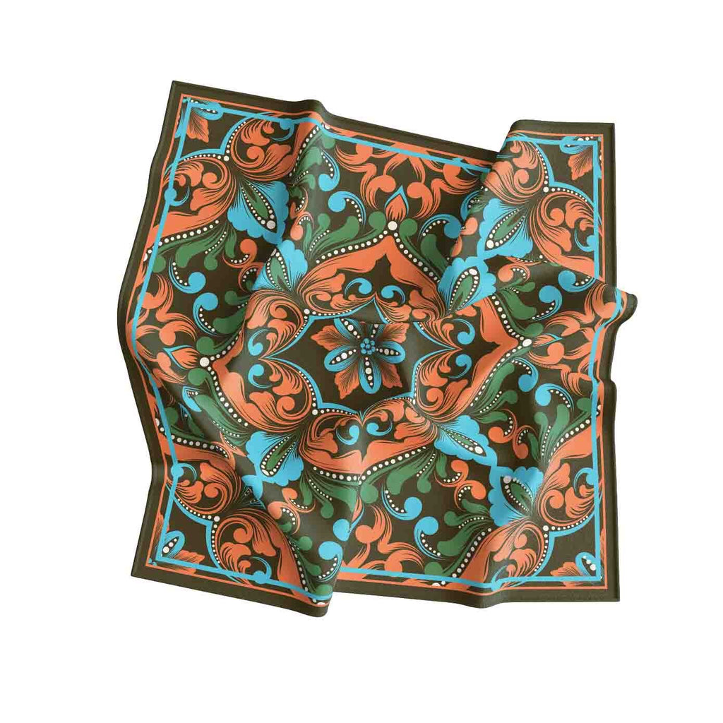 Olive Spice Medallion Silk Bandana Scarf – 50 × 50 cm
