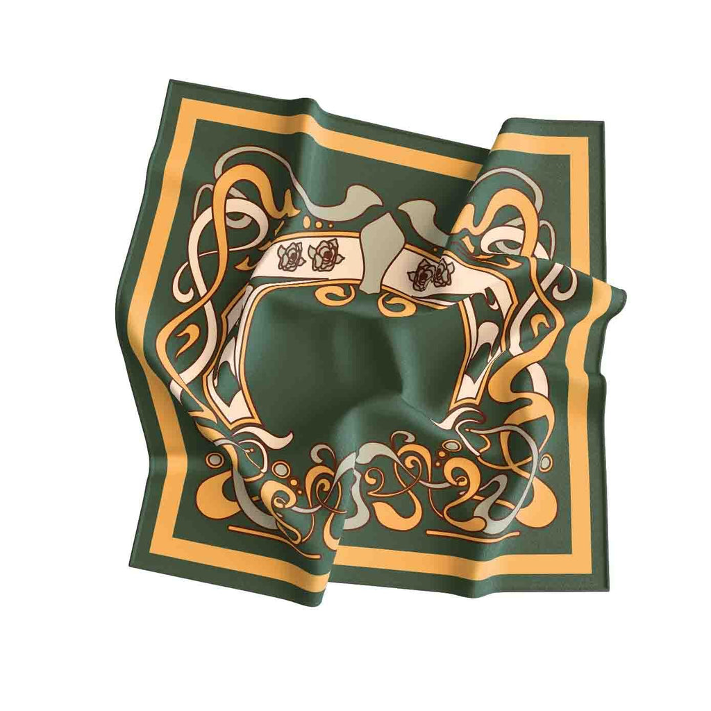 Olive Nouveau Frame Silk Bandana Scarf – 50 × 50 cm
