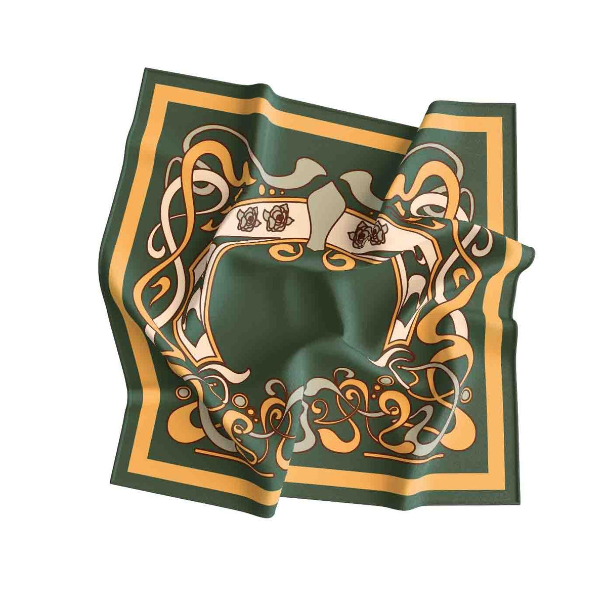 Olive Nouveau Frame Silk Bandana Scarf – 50 × 50 cm