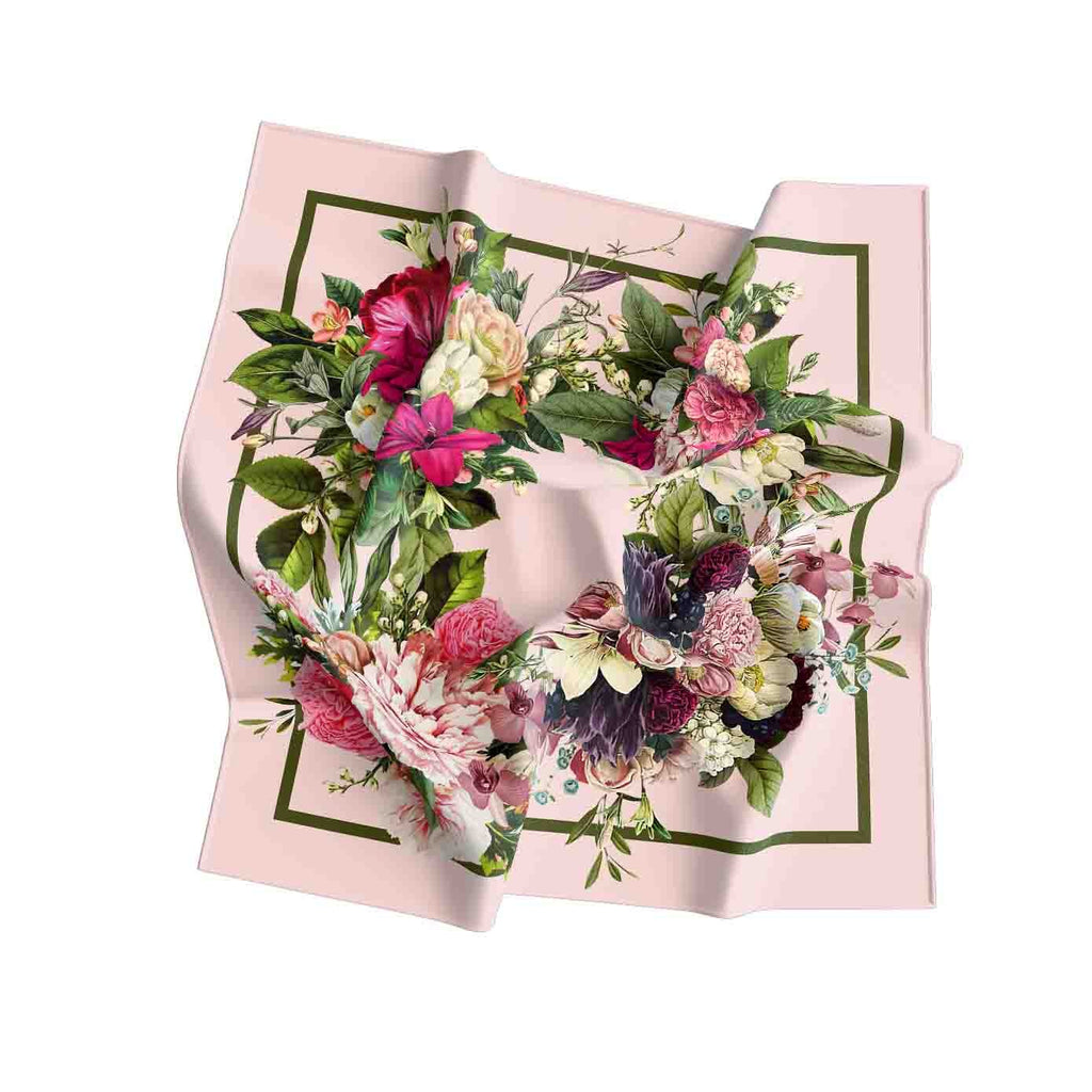 Rose Wreath Blush Silk Shawl Wrap – 100 × 100 cm