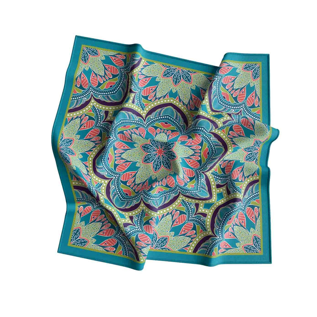 Teal Mandala Bloom Silk Bandana Scarf – 50 × 50 cm