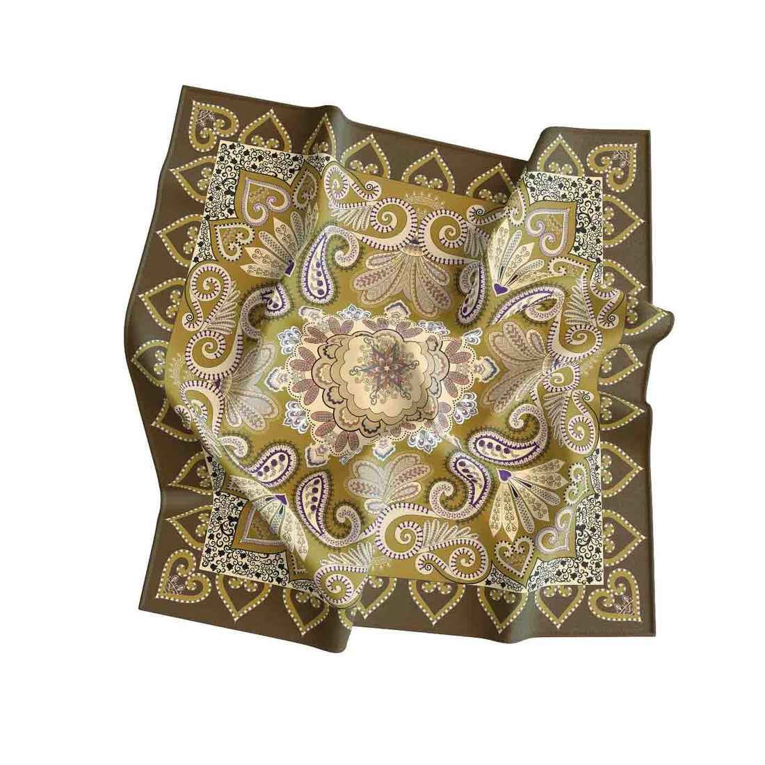 Golden Royal Paisley Silk Shawl Wrap – 100 × 100 cm