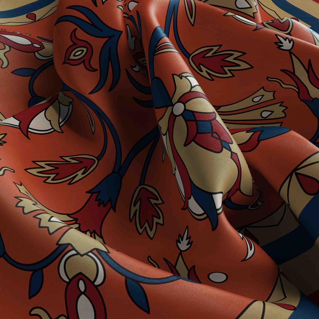 Terracotta Folk Medallion Silk Bandana Scarf – 50 × 50 cm