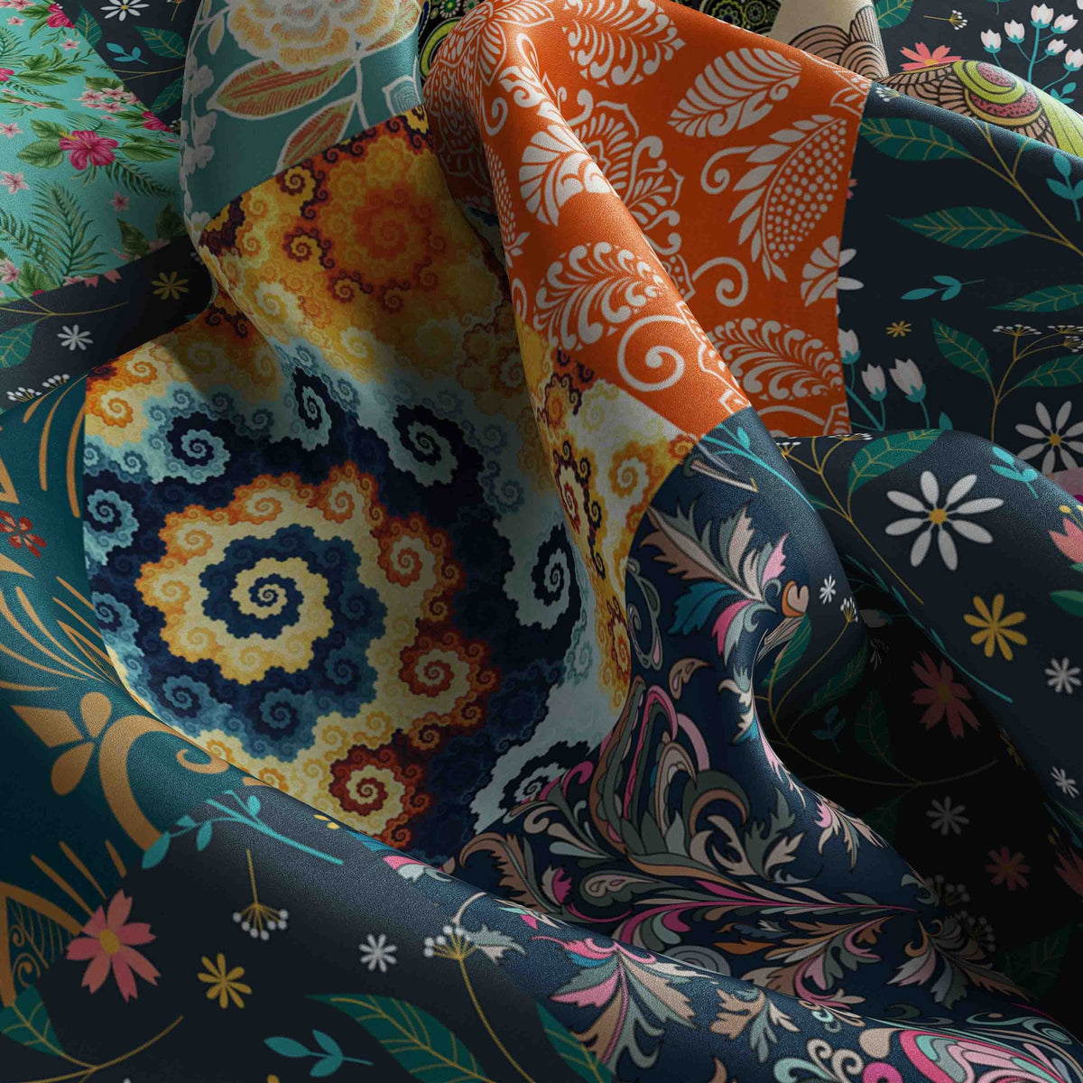 Patchwork Garden Silk Bandana Scarf – 50 × 50 cm