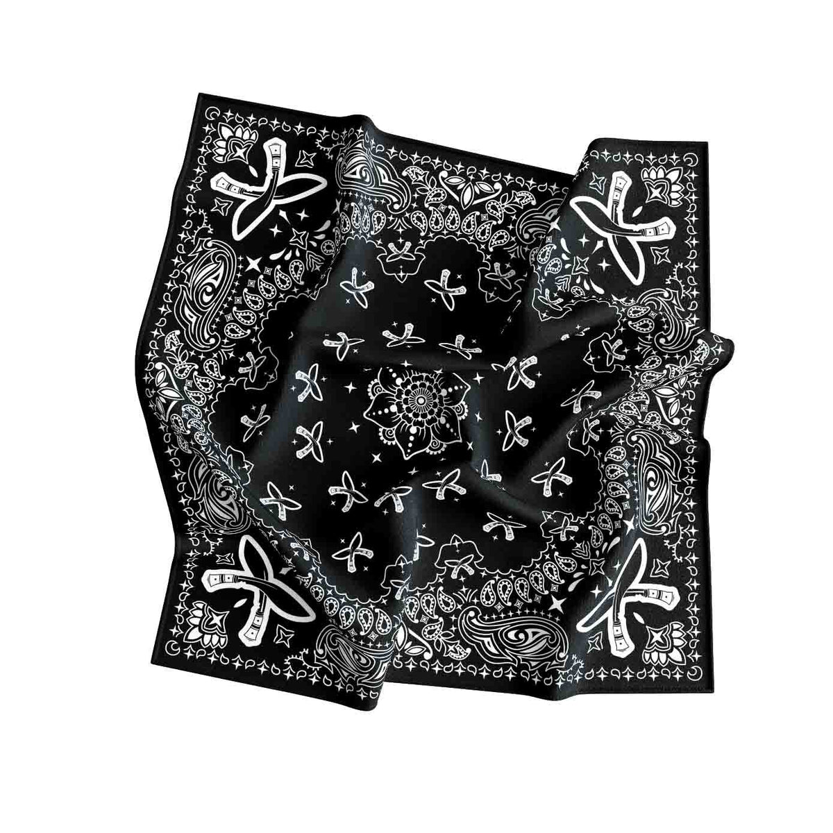 Black Butterfly Paisley Silk Bandana Scarf – 50 × 50 cm