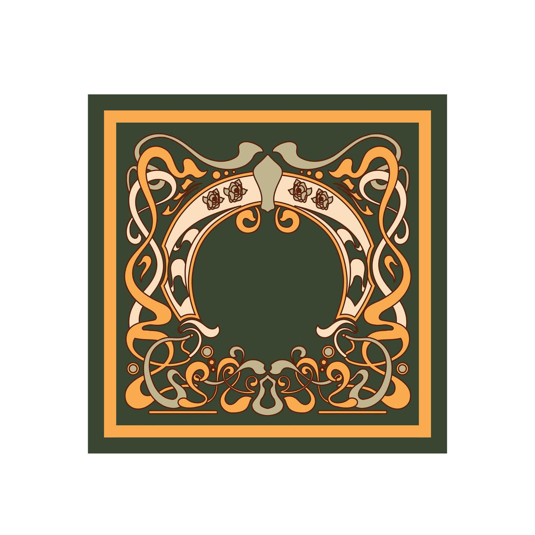 Olive Nouveau Frame Silk Bandana Scarf – 50 × 50 cm