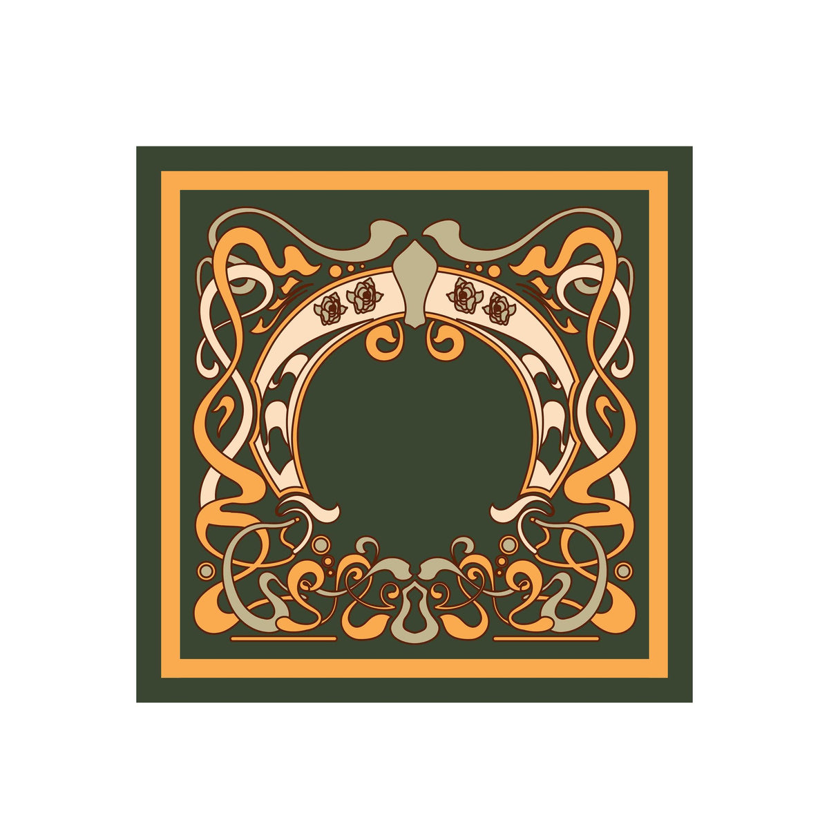 Olive Nouveau Frame Silk Bandana Scarf – 50 × 50 cm
