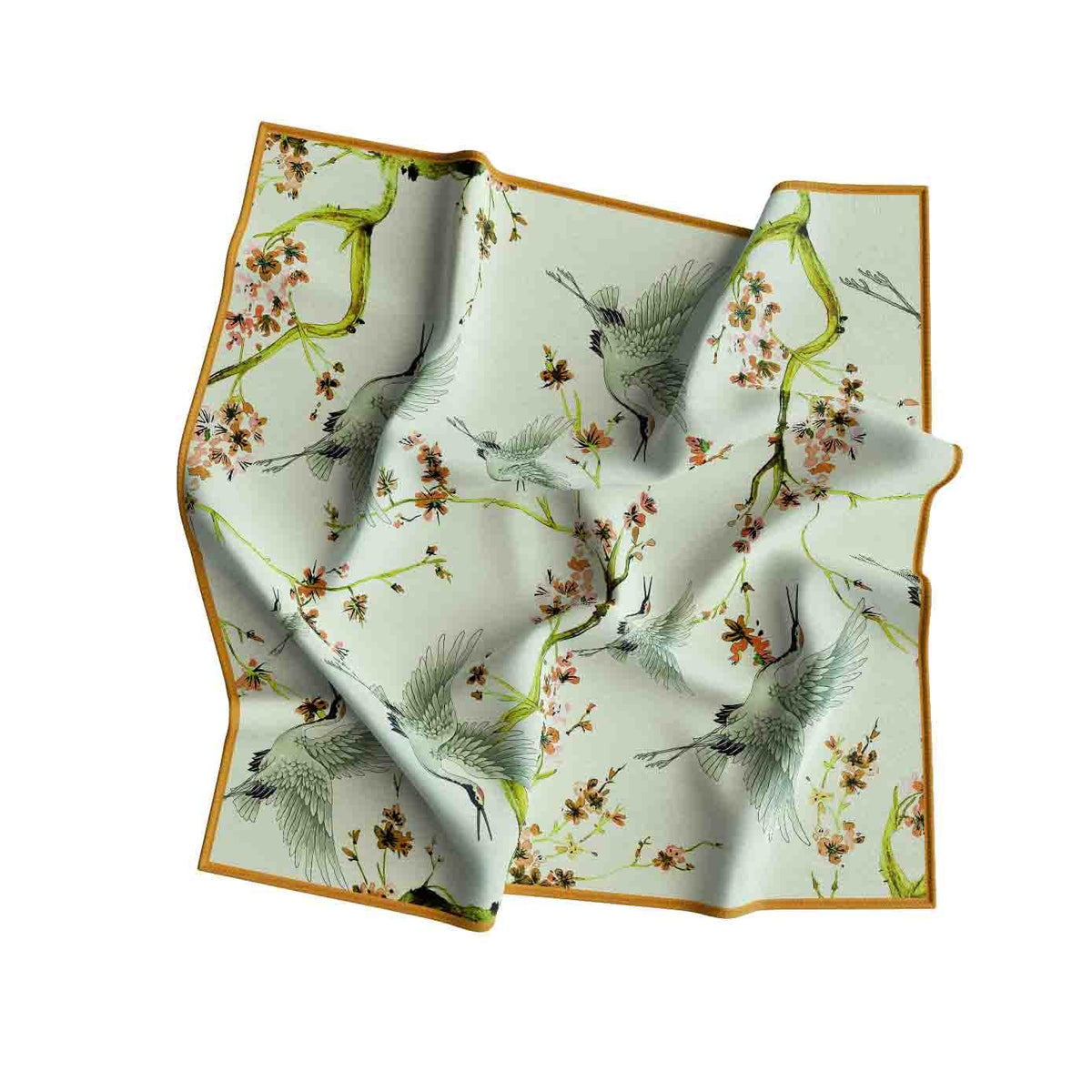 Mint Blossom Branch Silk Square Scarf – 65 × 65 cm