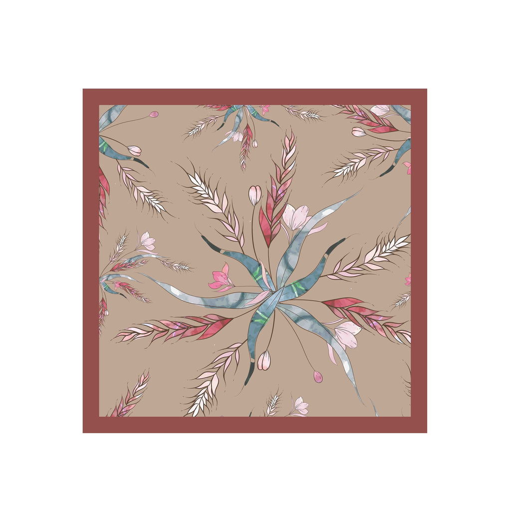 Taupe Botanical Star Silk Shawl Wrap – 100 × 100 cm