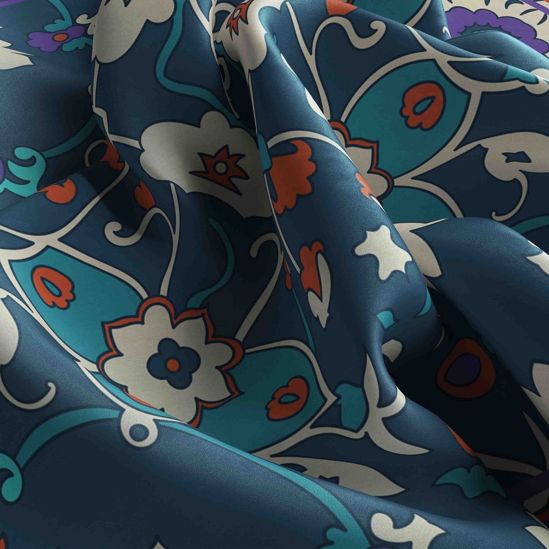 Indigo Suzani Silk Bandana Scarf – 50 × 50 cm