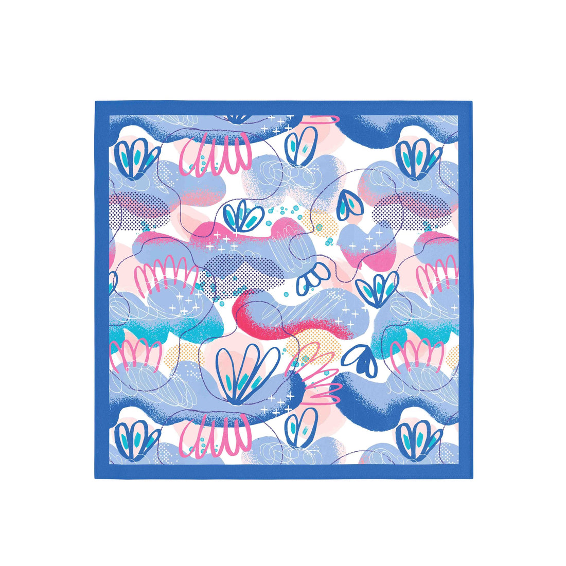 Blue Lagoon Doodle Silk Bandana Scarf – 50 × 50 cm