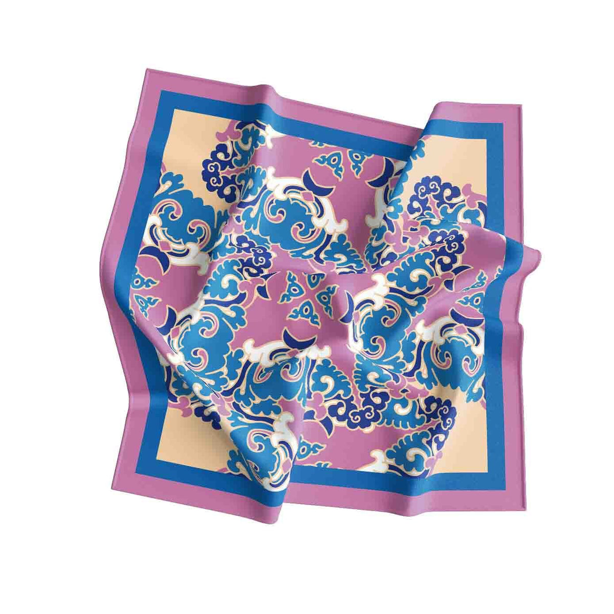 Orchid Blue Damask Silk Bandana Scarf – 50 × 50 cm